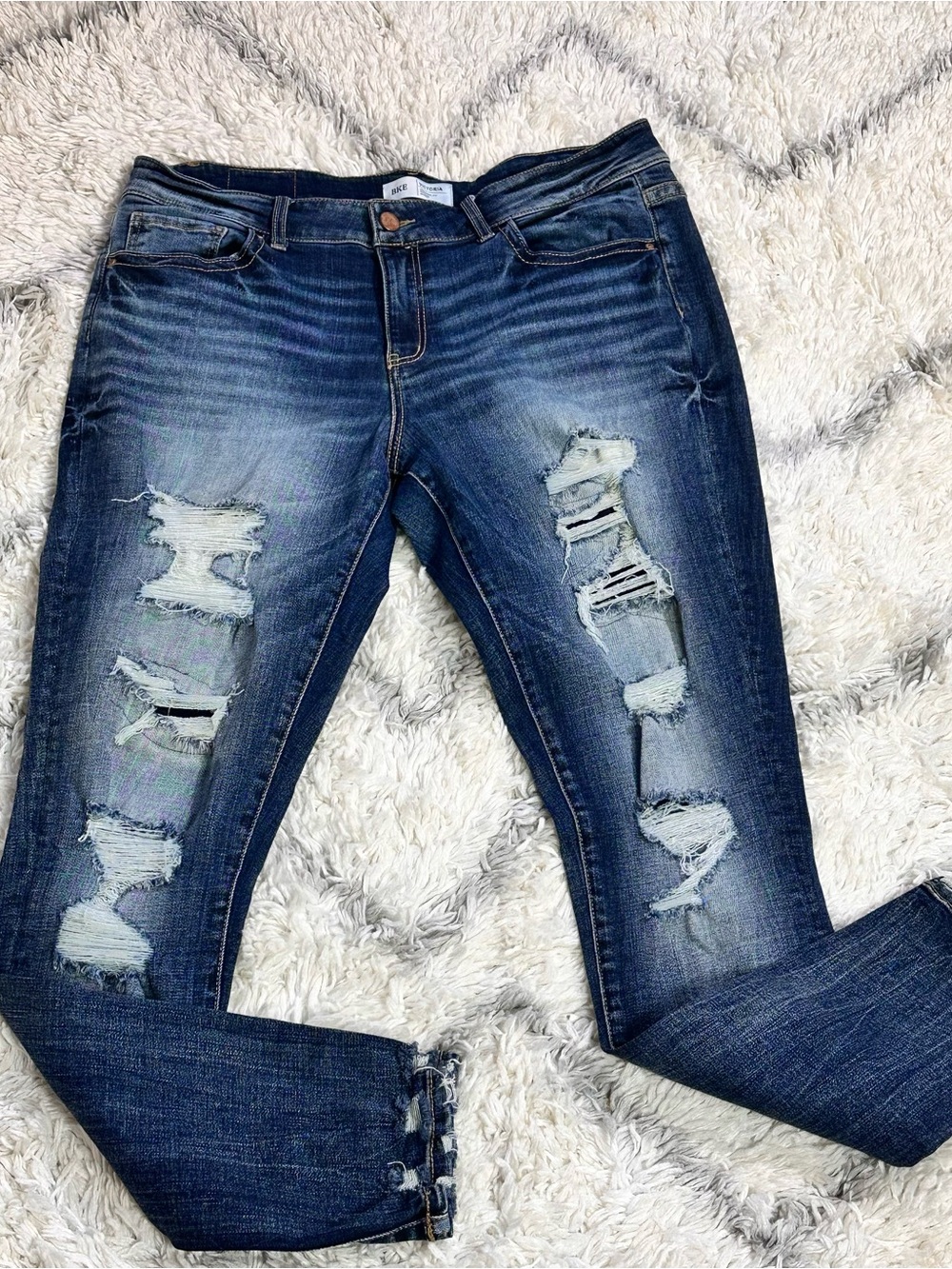 BKE Men’s Skinny Ripped Denim Jeans - Dark Blue